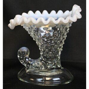 Fenton Hobnail Moonstone Horn Vase Glass Cornucopia Art Ruffle Taper Candlestick